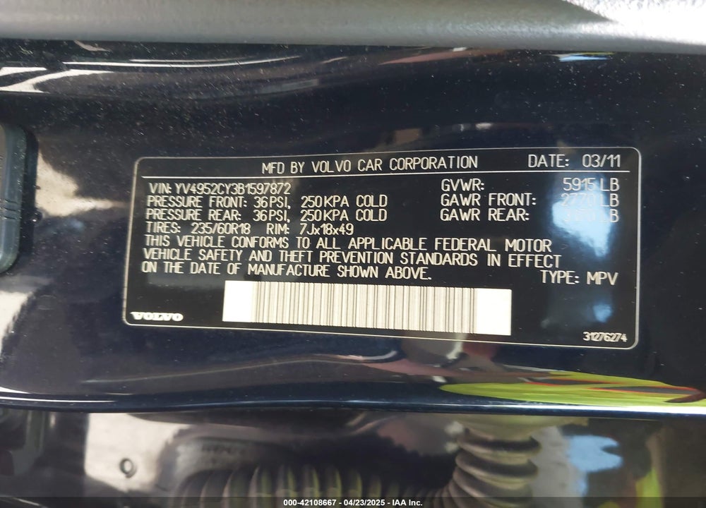 2011 VOLVO XC90 VIN: YV4952CY3B1597872