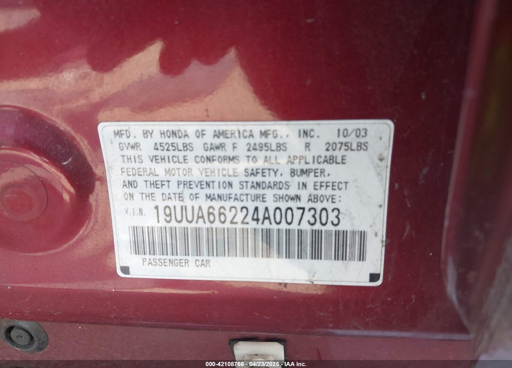2004 ACURA TL VIN: 19UUA66224A007303