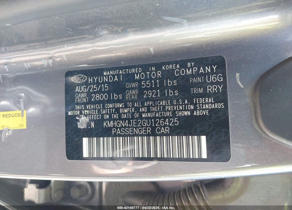 2016 HYUNDAI GENESIS VIN: KMHGN4JE2GU126425