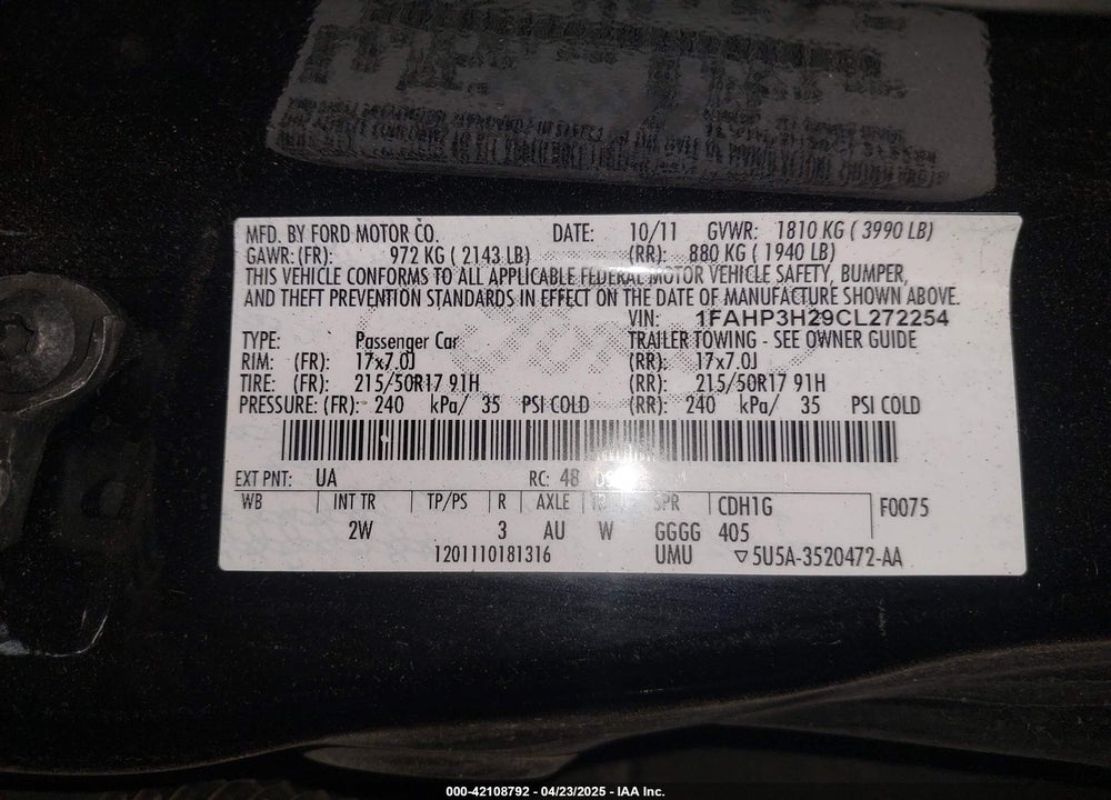 2012 FORD FOCUS SEL VIN: 1FAHP3H29CL272254