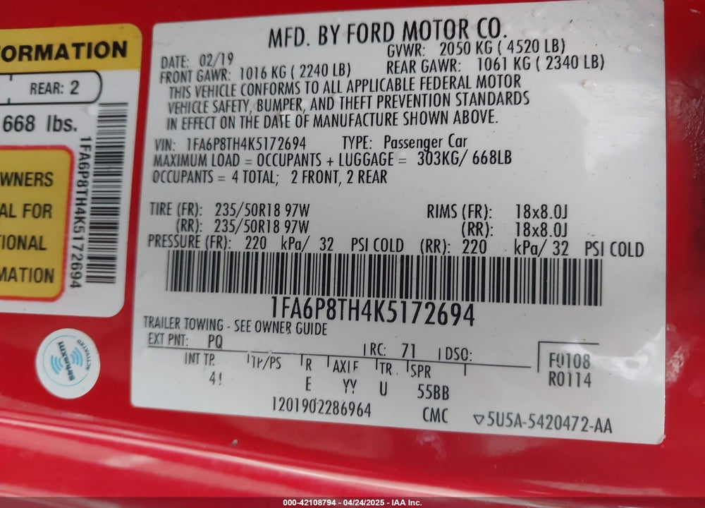 2019 FORD MUSTANG ECOBOOST PREMIUM VIN: 1FA6P8TH4K5172694