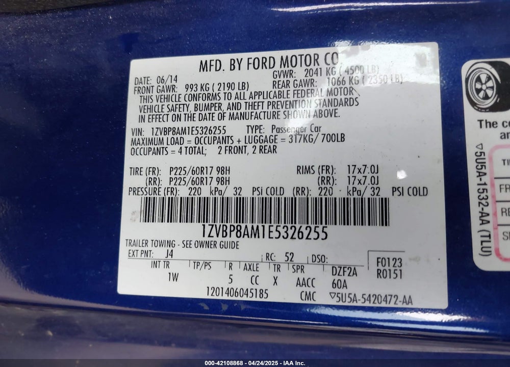 2014 FORD MUSTANG V6 VIN: 1ZVBP8AM1E5326255