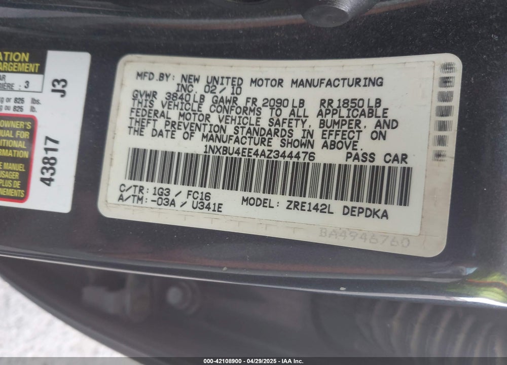 2010 TOYOTA COROLLA VIN: 1NXBU4EE4AZ344476