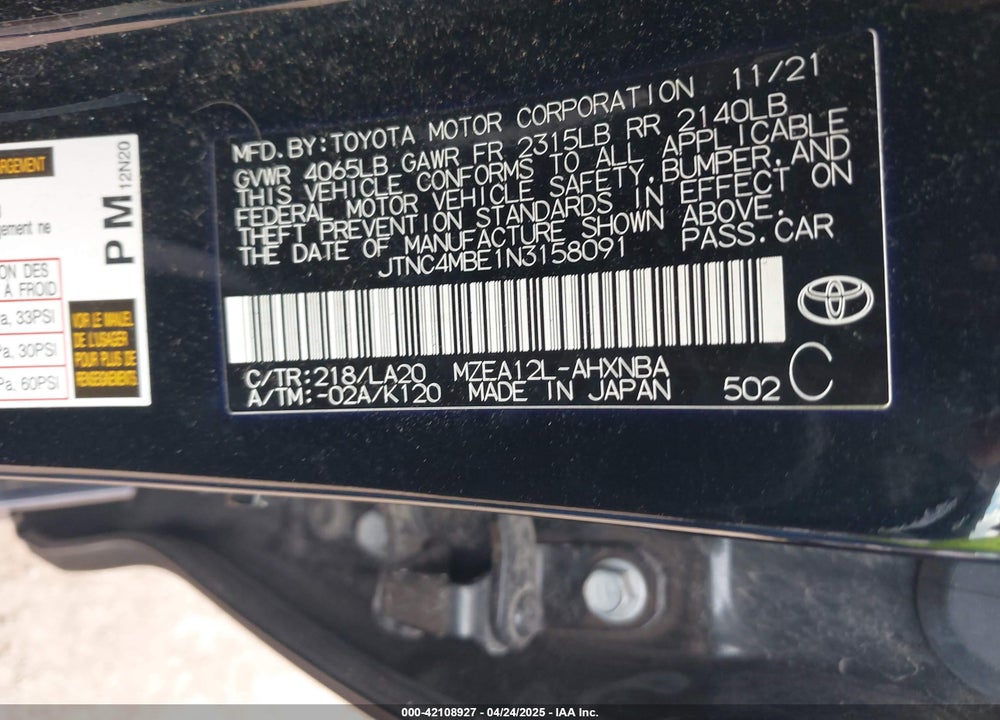 2022 TOYOTA COROLLA VIN: JTNC4MBE1N3158091