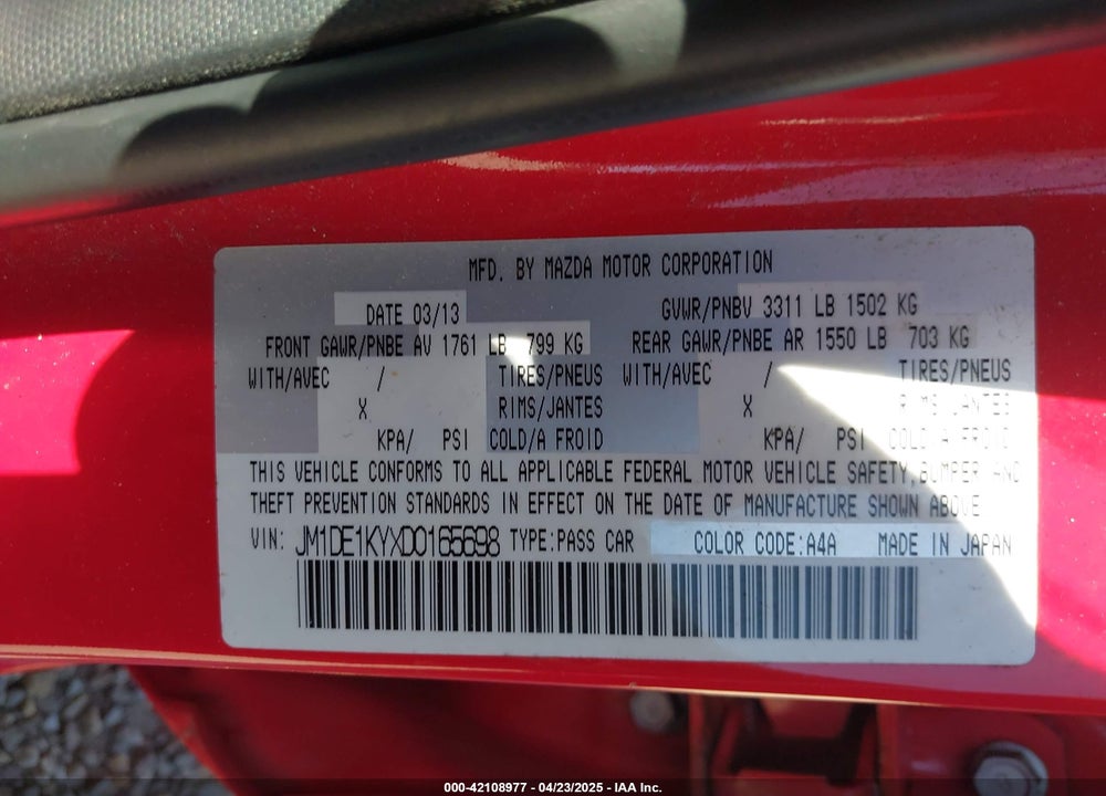 2013 MAZDA MAZDA2 VIN: JM1DE1KYXD0165698