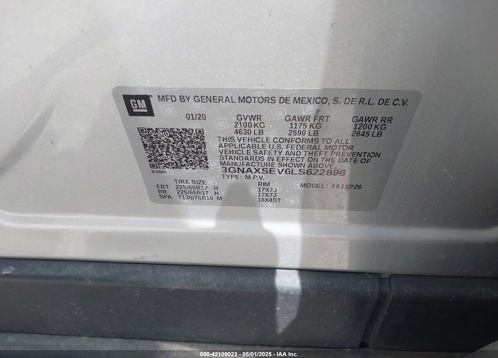 2020 CHEVROLET EQUINOX VIN: 3GNAXSEV6LS622896
