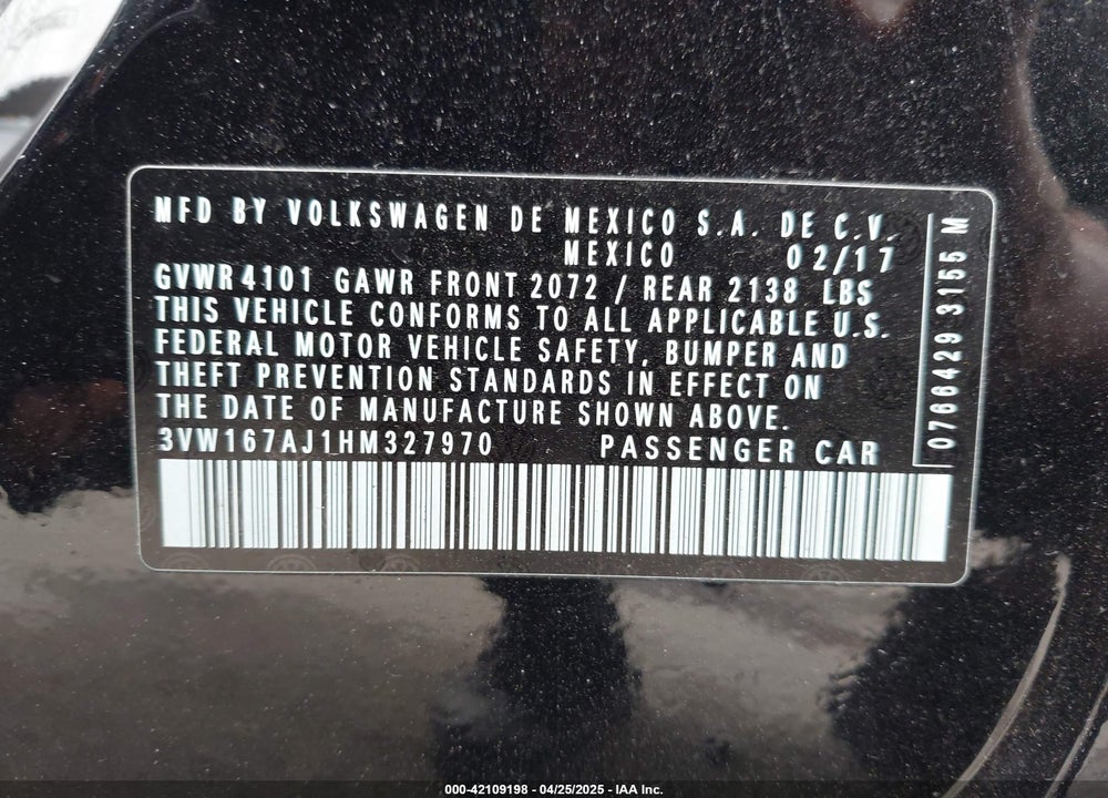 2017 VOLKSWAGEN JETTA VIN: 3VW167AJ1HM327970