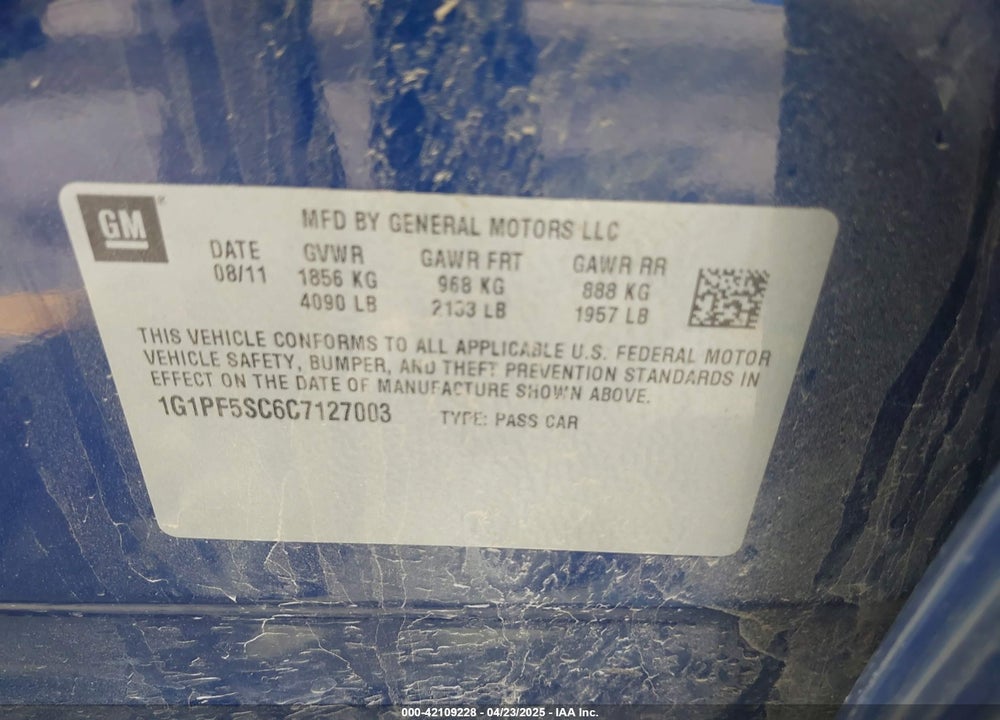 2012 CHEVROLET CRUZE 1LT VIN: 1G1PF5SC6C7127003