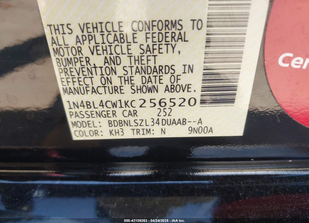 2019 NISSAN ALTIMA VIN: 1N4BL4CW1KC256520