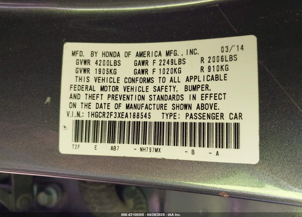 2014 HONDA ACCORD VIN: 1HGCR2F3XEA188545