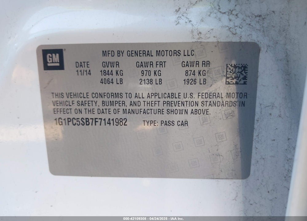 2015 CHEVROLET CRUZE VIN: 1G1PC5SB7F7141982