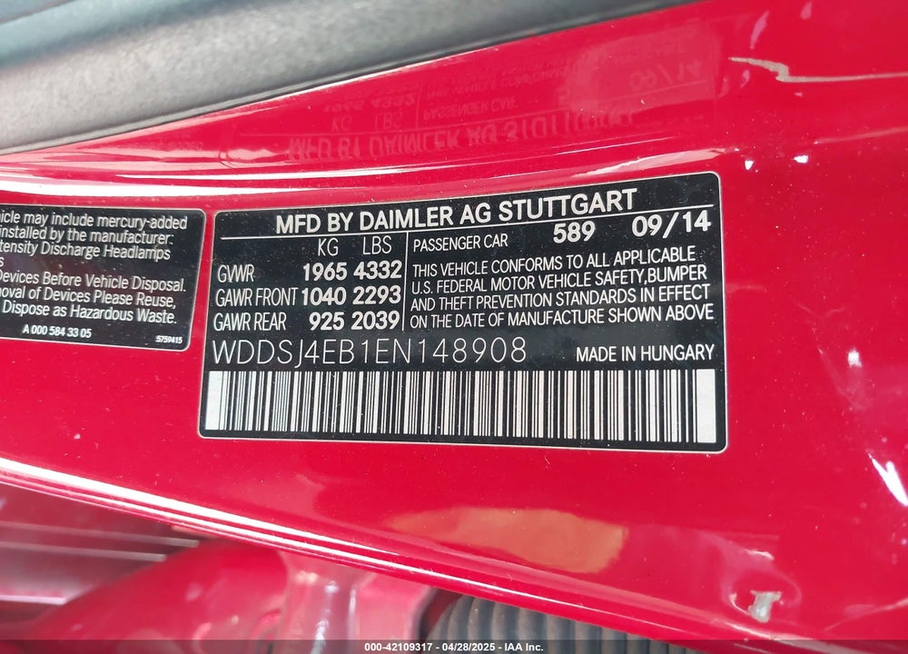 2014 MERCEDES-BENZ CLA 250 VIN: WDDSJ4EB1EN148908