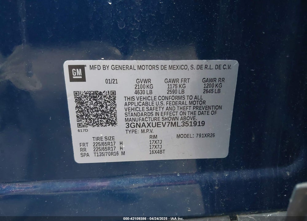 2021 CHEVROLET EQUINOX VIN: 3GNAXUEV7ML351919