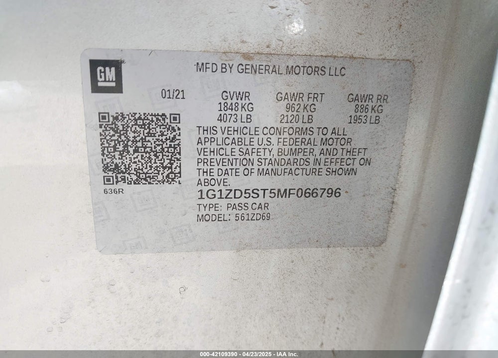 2021 CHEVROLET MALIBU VIN: 1G1ZD5ST5MF066796