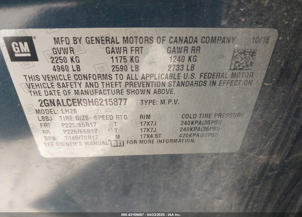 2017 CHEVROLET EQUINOX VIN: 2GNALCEK9H6215877