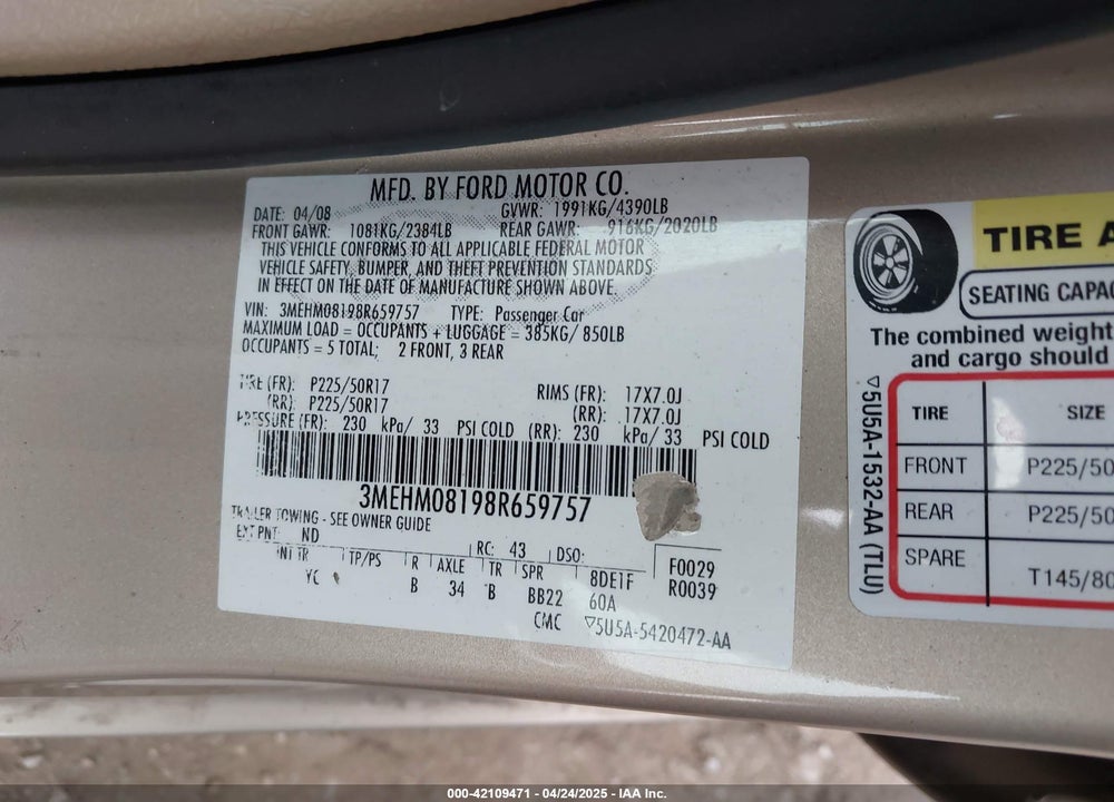 2008 MERCURY MILAN VIN: 3MEHM08198R659757