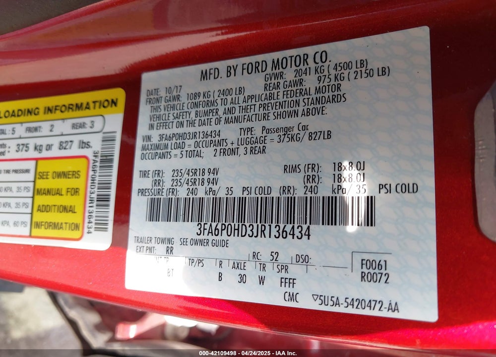 2018 FORD FUSION SE VIN: 3FA6P0HD3JR136434
