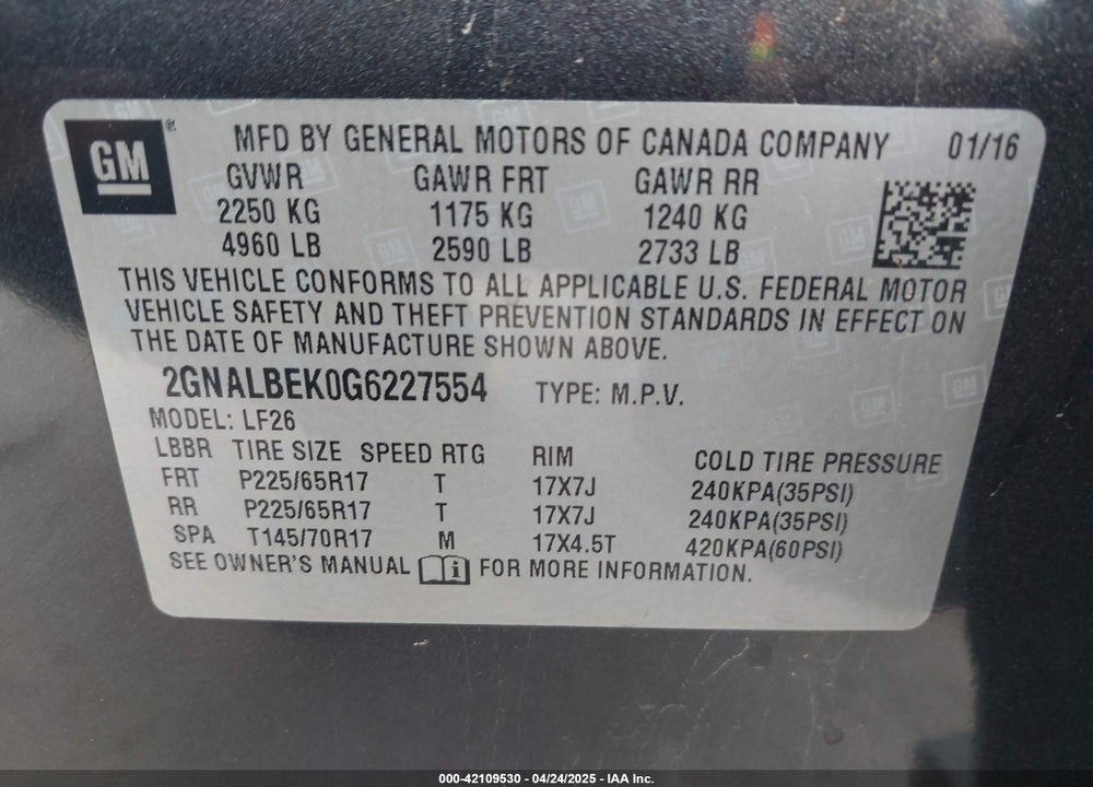 2016 CHEVROLET EQUINOX VIN: 2GNALBEK0G6227554