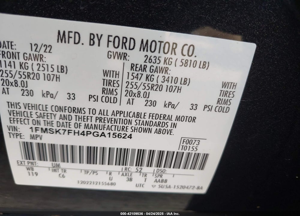 2023 FORD EXPLORER LIMITED VIN: 1FMSK7FH4PGA15624
