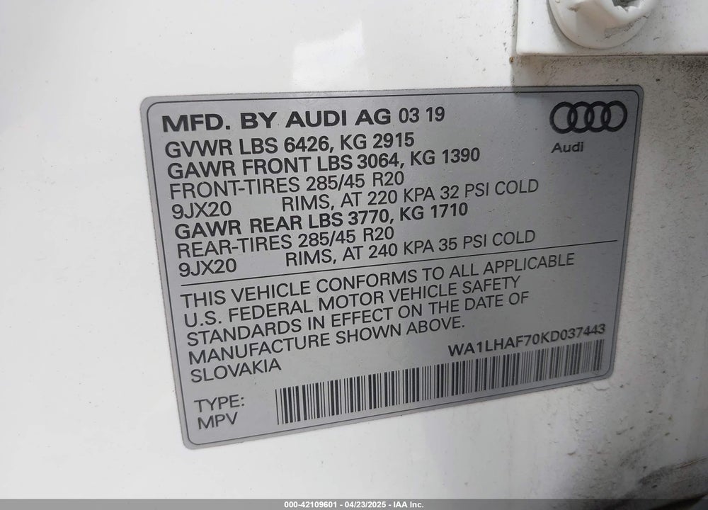 2019 AUDI Q7 45 PREMIUM/45 SE PREMIUM VIN: WA1LHAF70KD037443