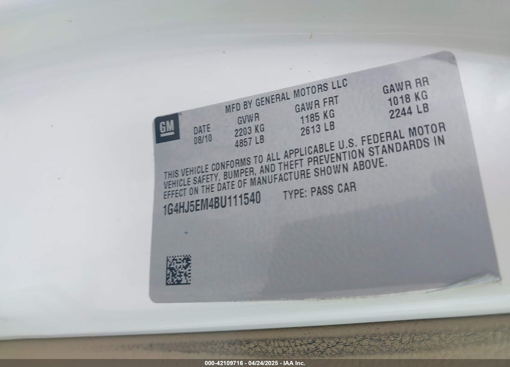 2011 BUICK LUCERNE CXL PREMIUM VIN: 1G4HJ5EM4BU111540