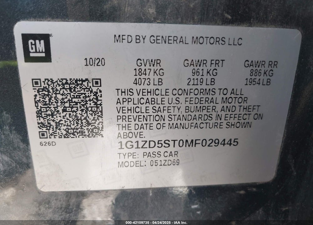 2021 CHEVROLET MALIBU FWD LT VIN: 1G1ZD5ST0MF029445