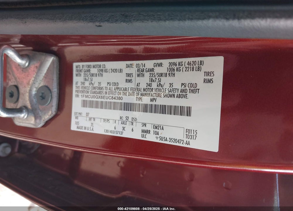 2014 FORD ESCAPE VIN: 1FMCU0GX6EUC84380