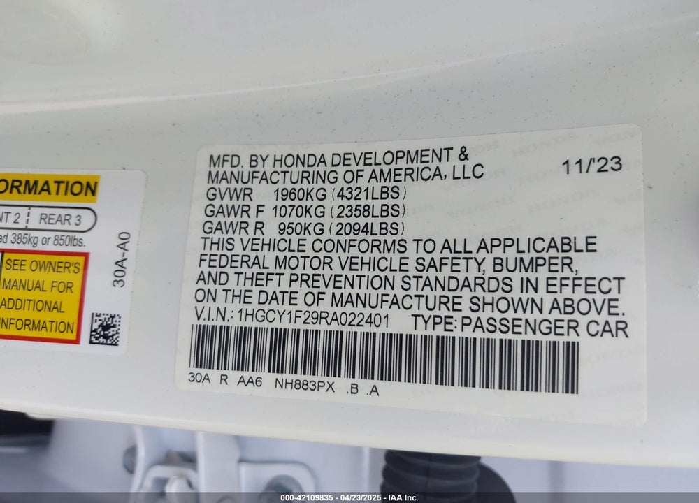 2024 HONDA ACCORD VIN: 1HGCY1F29RA022401