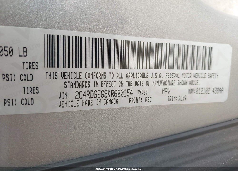 2019 DODGE GRAND CARAVAN GT VIN: 2C4RDGEG9KR620154