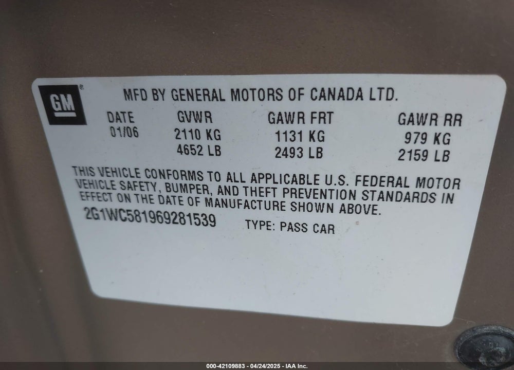 2006 CHEVROLET IMPALA VIN: 2G1WC581969281539
