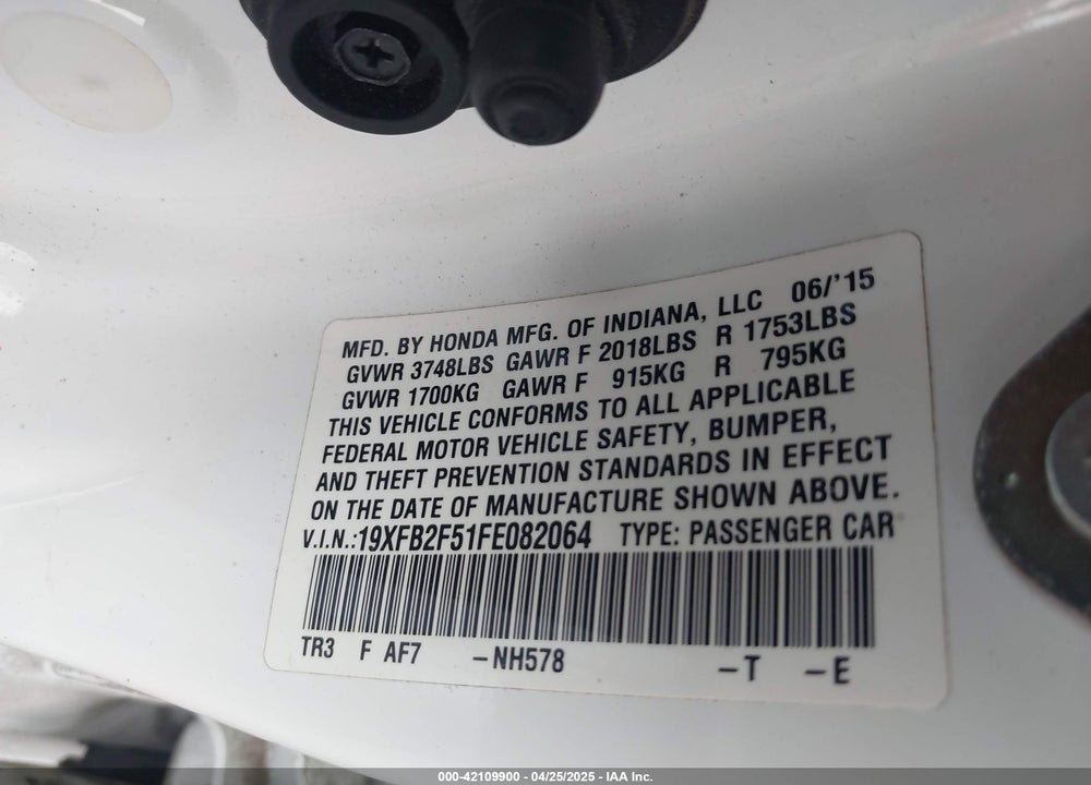 2015 HONDA CIVIC LX VIN: 19XFB2F51FE082064
