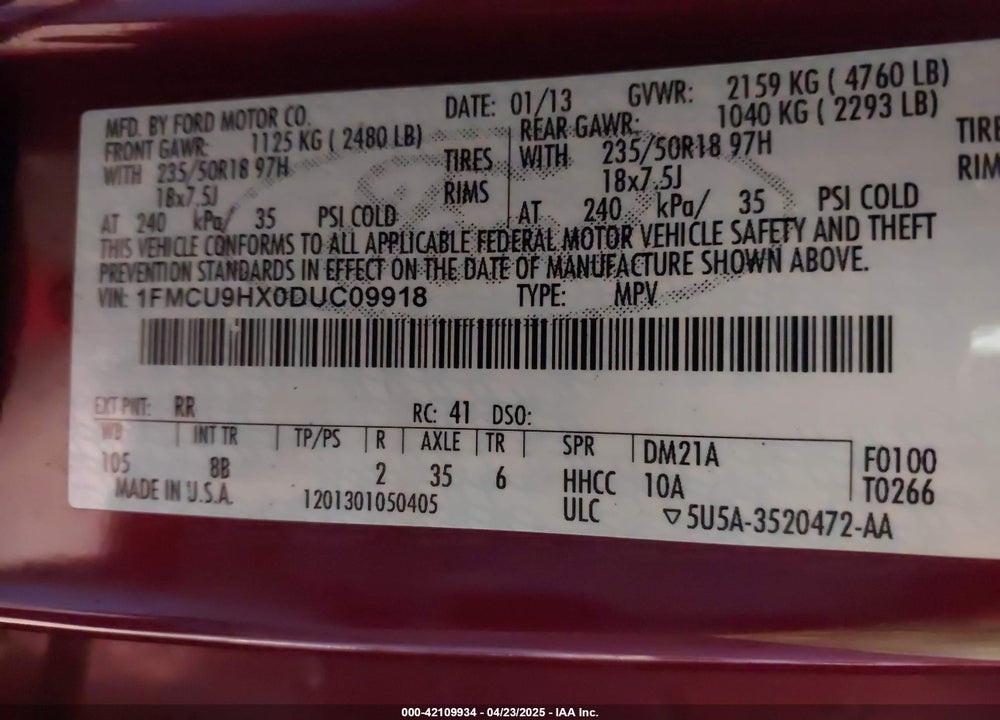 2013 FORD ESCAPE VIN: 1FMCU9HX0DUC09918