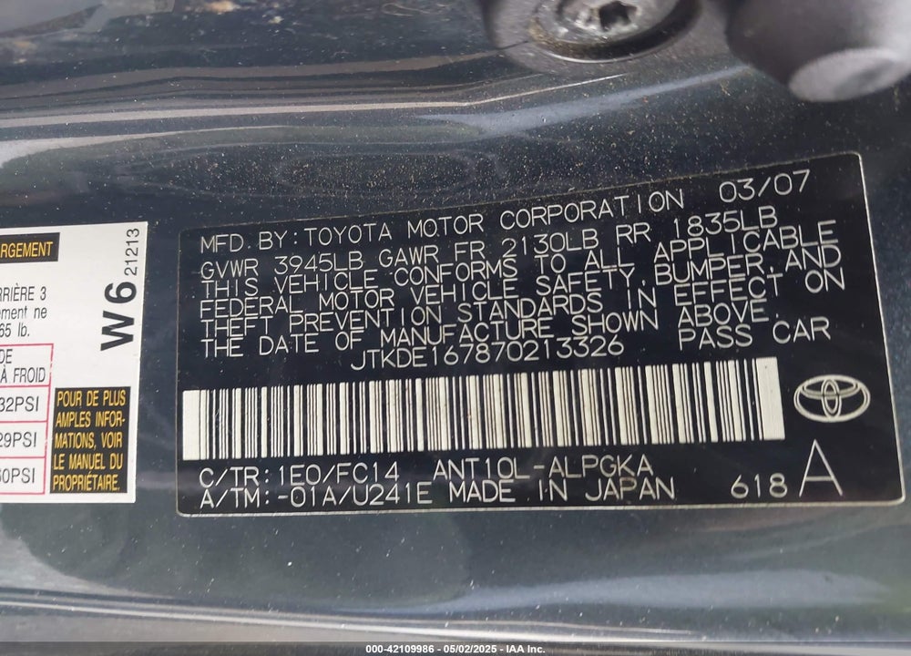 2007 SCION TC VIN: JTKDE167870213326