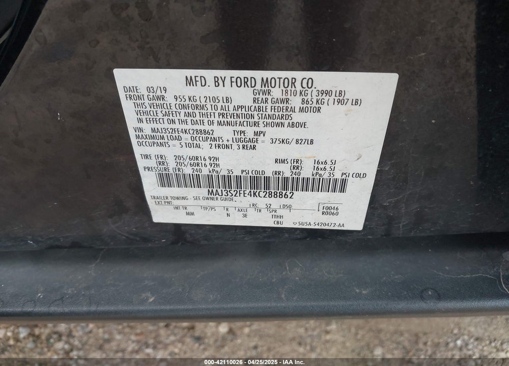 2019 FORD ECOSPORT S VIN: MAJ3S2FE4KC288862
