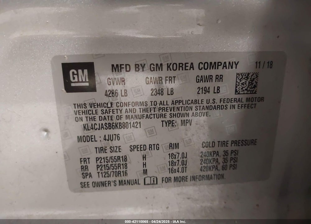2019 BUICK ENCORE FWD PREFERRED VIN: KL4CJASB6KB801421