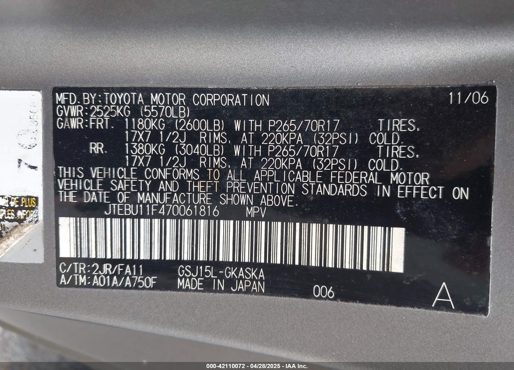 2007 TOYOTA FJ CRUISER VIN: JTEBU11F470061816
