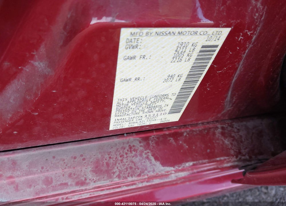 2015 NISSAN ALTIMA 2.5 SL VIN: 1N4AL3AP2FN353110