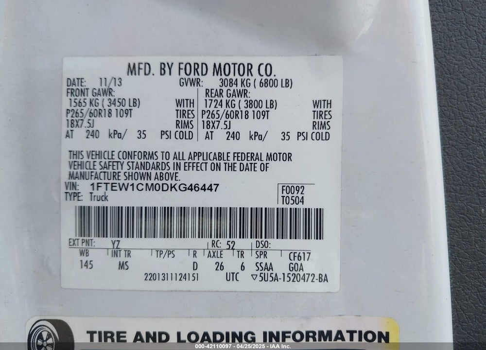 2013 FORD F-150 VIN: 1FTEW1CM0DKG46447