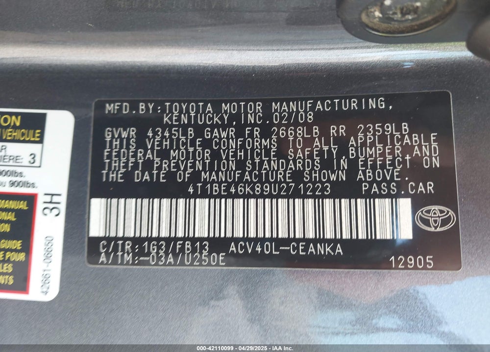 2009 TOYOTA CAMRY VIN: 4T1BE46K89U271223