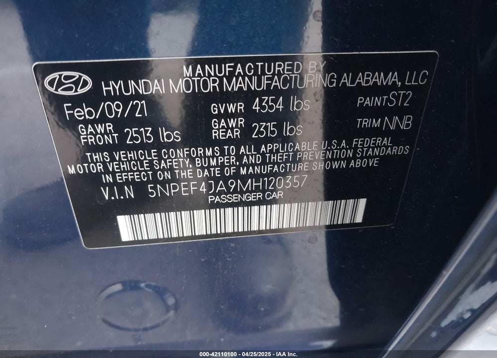 2021 HYUNDAI SONATA VIN: 5NPEF4JA9MH120357
