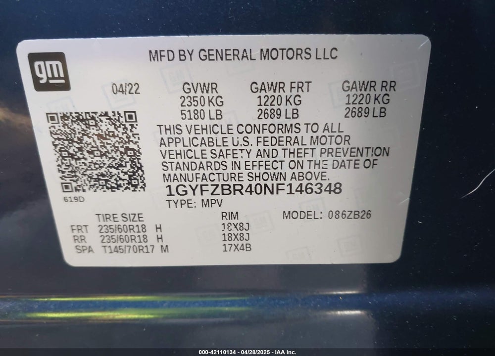 2022 CADILLAC XT4 VIN: 1GYFZBR40NF146348
