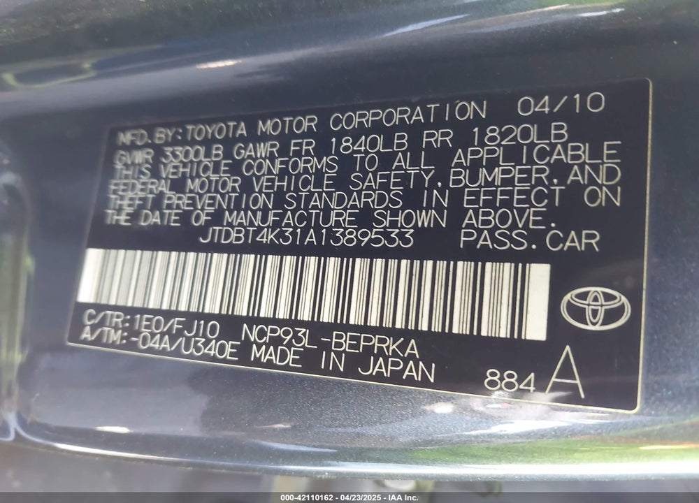 2010 TOYOTA YARIS VIN: JTDBT4K31A1389533