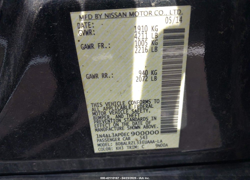 2014 NISSAN ALTIMA VIN: 1N4AL3AP0EC900000