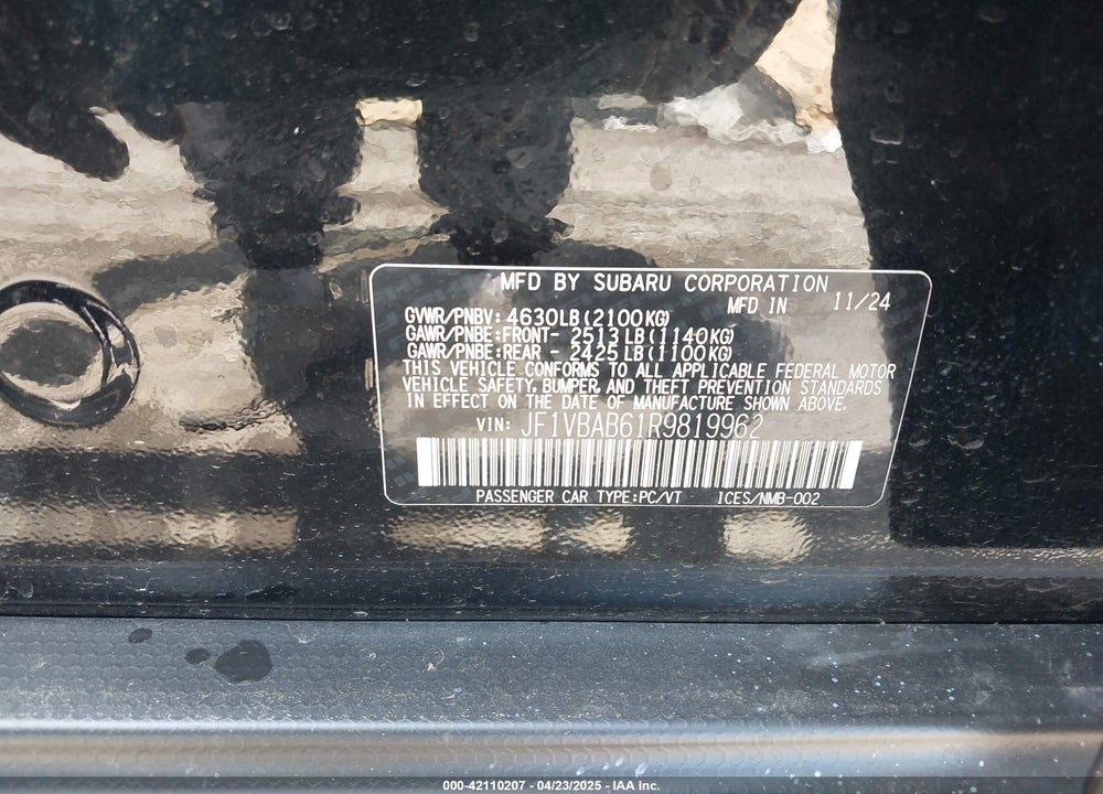2024 SUBARU WRX VIN: JF1VBAB61R9819962