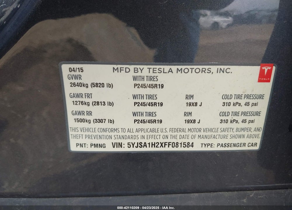2015 TESLA MODEL S VIN: 5YJSA1H2XFF081584