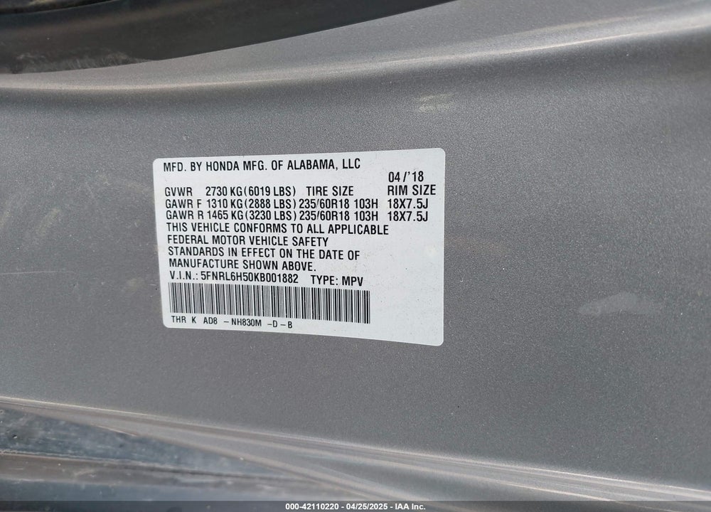 2019 HONDA ODYSSEY EX VIN: 5FNRL6H50KB001882