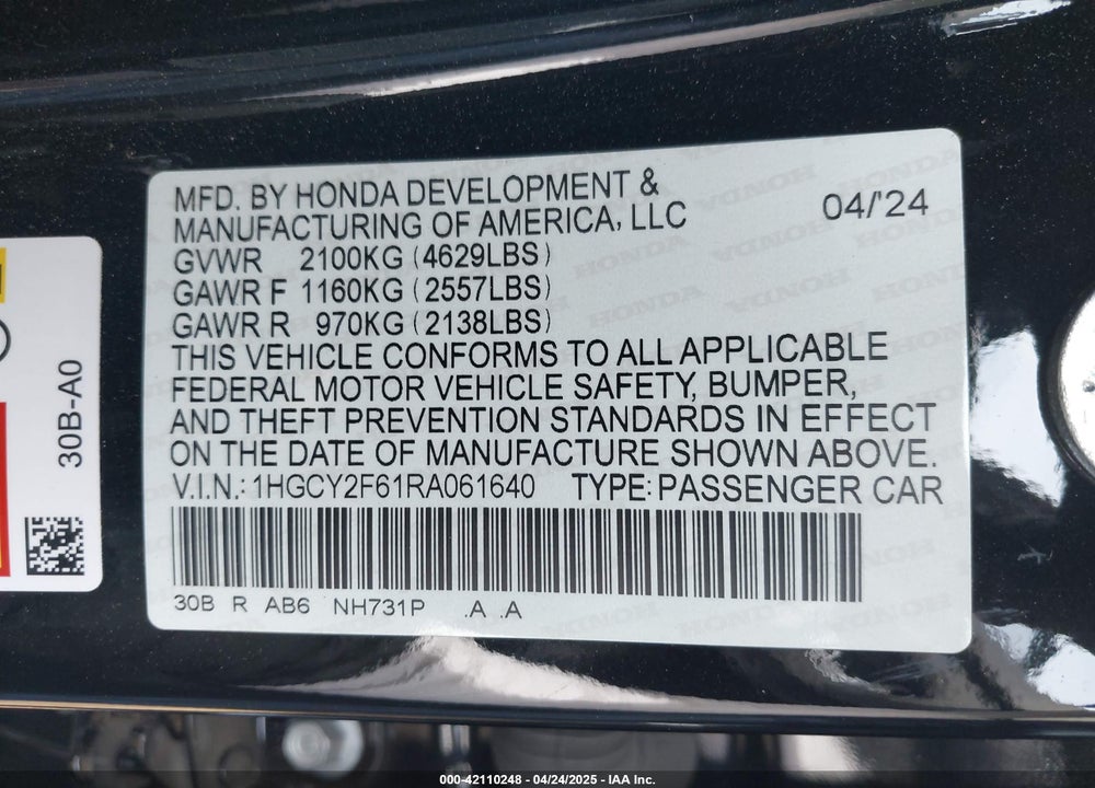 2024 HONDA ACCORD HYBRID EX-L VIN: 1HGCY2F61RA061640