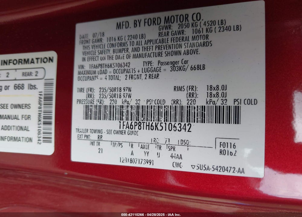 2019 FORD MUSTANG ECOBOOST VIN: 1FA6P8TH6K5106342