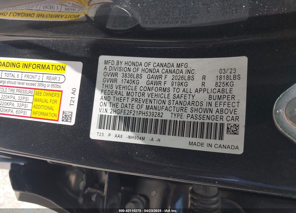 2023 HONDA CIVIC VIN: 2HGFE2F21PH539282