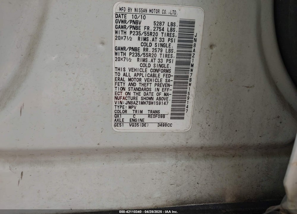 2011 NISSAN MURANO VIN: JN8AZ1MW7BW159147